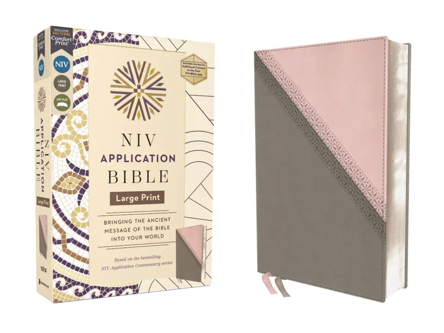 NIV Application Bible, Large Print, Leathersoft, Pink/Gray, Red Letter, Comfort Print: Bringing the Ancient Message of the Bible Into Your World - stevensbooks