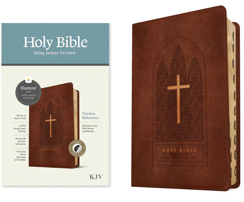 KJV Thinline Reference Bible, Filament Enabled (Leatherlike, Reverent Cross Dark Brown, Indexed, Red Letter) - stevensbooks