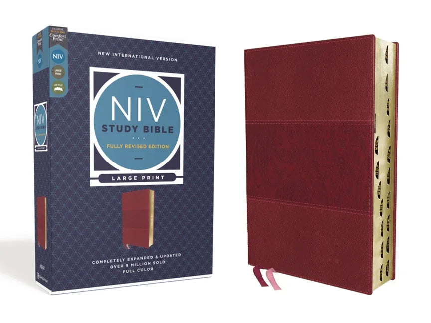 NIV Study Bible, Fully Revised Edition, Large Print, Leathersoft, Burgundy, Red Letter, Thumb Indexed, Comfort Print - stevensbooks