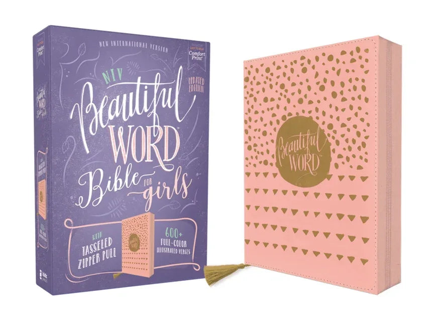 Niv, Beautiful Word Bible for Girls, Updated Edition, Leathersoft, Zippered, Pink, Red Letter, Comfort Print: 600+ Full-Color Illustrated Verses - stevensbooks