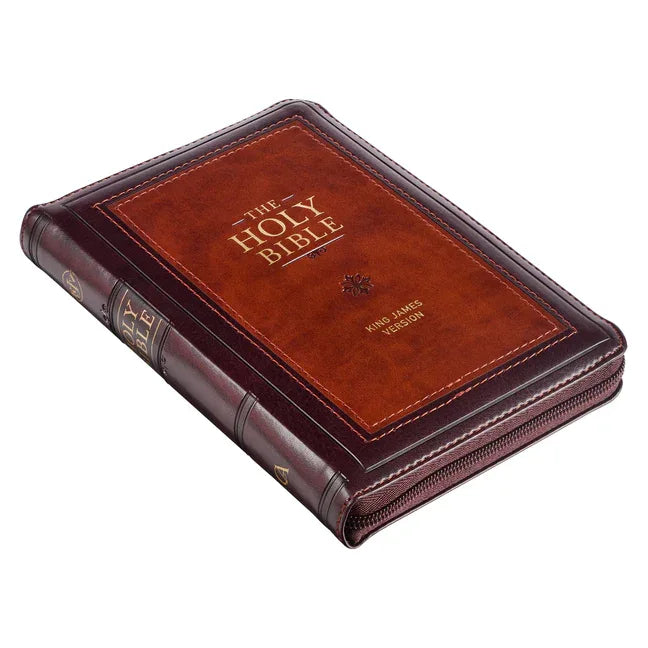 KJV Holy Bible, Compact Faux Leather Red Letter Edition - Ribbon Marker, King James Version, Burgundy/Saddle Tan, Zipper Closure - stevensbooks