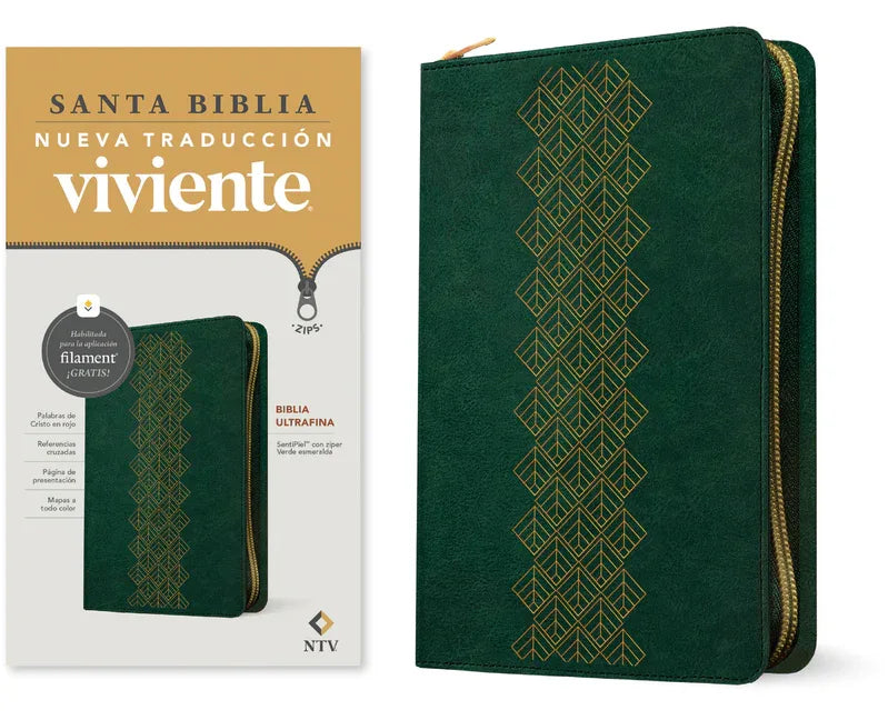 Biblia Ultrafina Ntv de Zíper, Con Filament (Sentipiel, Verde Esmeralda, Letra Roja) - stevensbooks