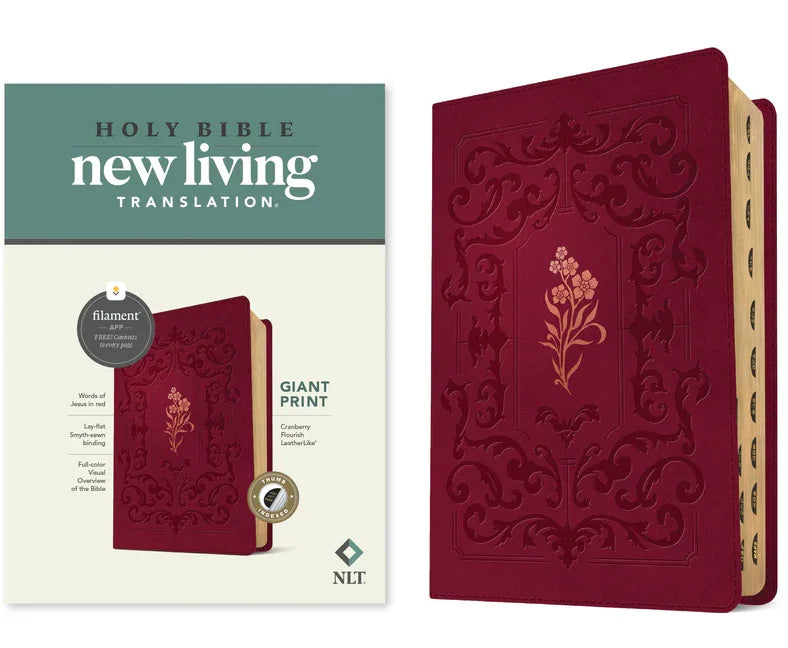 NLT Giant Print Bible, Filament Enabled (Leatherlike, Cranberry Flourish, Indexed, Red Letter) - stevensbooks