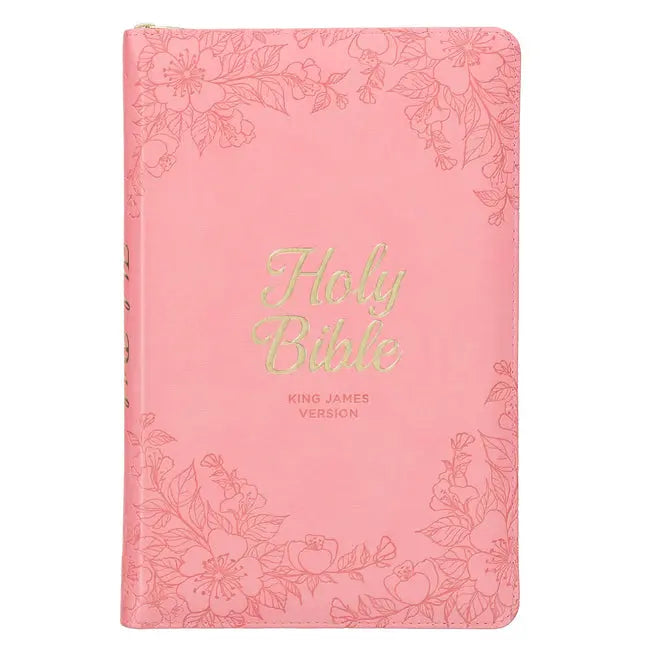 KJV Holy Bible, Standard Size Faux Leather Red Letter Edition - Thumb Index & Ribbon Marker, King James Version, Pink Floral Zipper Closure - Ingram