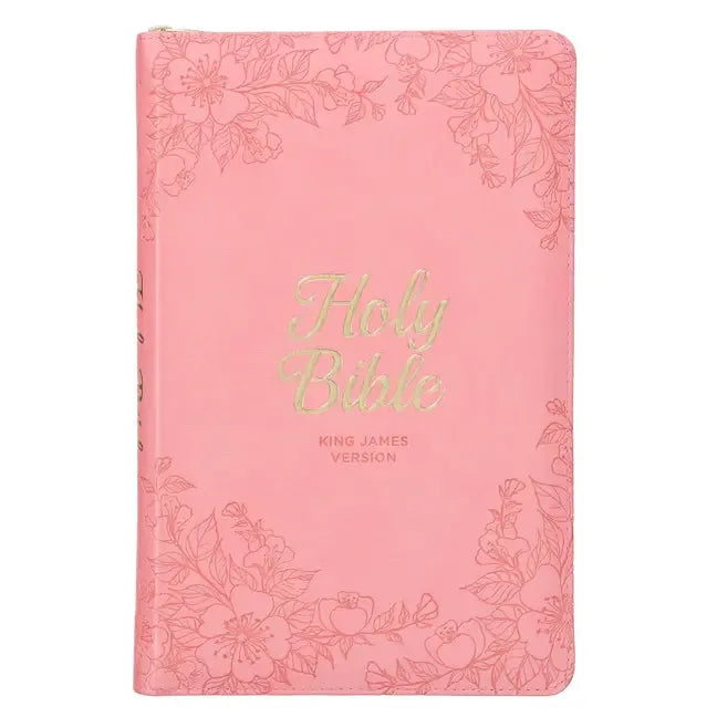 KJV Holy Bible, Standard Size Faux Leather Red Letter Edition - Thumb Index & Ribbon Marker, King James Version, Pink Floral Zipper Closure - stevensbooks