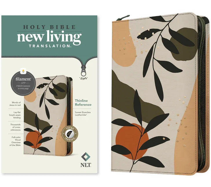 NLT Thinline Reference Zipper Bible, Filament Enabled (Leatherlike, Sunset Branches, Indexed, Red Letter) - stevensbooks