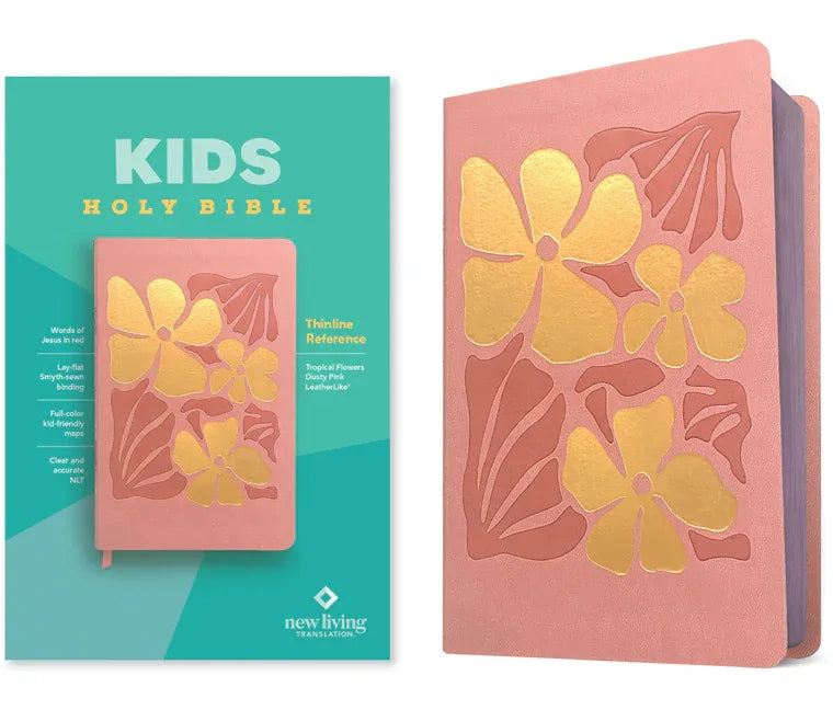 NLT Kids Bible, Thinline Reference Edition (Leatherlike, Tropical Flowers Dusty Pink, Red Letter) - stevensbooks
