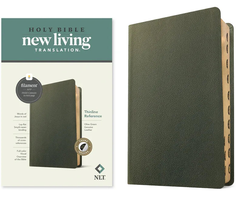 NLT Thinline Reference Bible, Filament Enabled (Genuine Leather, Olive Green, Indexed, Red Letter) - stevensbooks