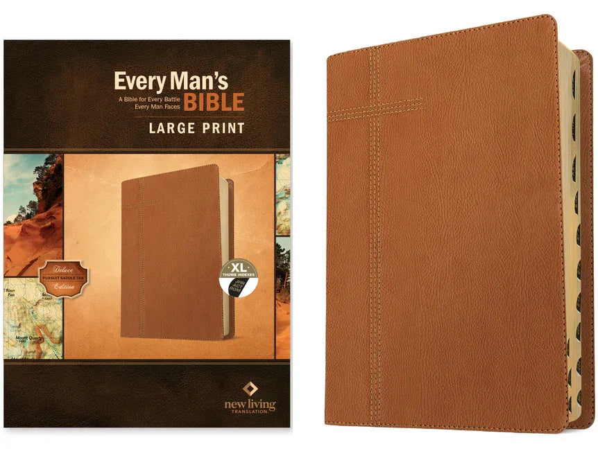 Every Man's Bible Nlt, Large Print (Leatherlike, Pursuit Saddle Tan, Indexed) - stevensbooks