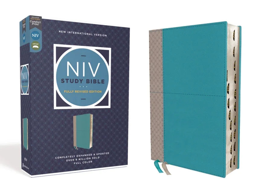 NIV Study Bible, Fully Revised Edition, Leathersoft, Teal/Gray, Red Letter, Thumb Indexed, Comfort Print - stevensbooks