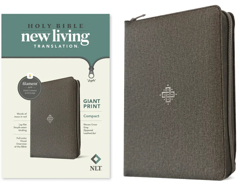 NLT Compact Giant Print Zipper Bible, Filament Enabled (Leatherlike, Woven Cross Gray, Red Letter) - stevensbooks