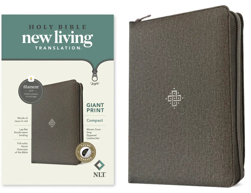 NLT Compact Giant Print Zipper Bible, Filament Enabled (Leatherlike, Woven Cross Gray, Indexed, Red Letter) - stevensbooks