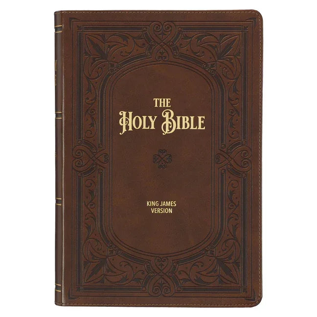 KJV Study Bible, Large Print King James Version Holy Bible, Thumb Tabs, Ribbons, Faux Leather Saddle Tan Framed Art Nouveau Debossed - stevensbooks