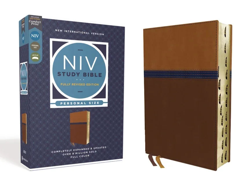 NIV Study Bible, Fully Revised Edition, Personal Size, Leathersoft, Brown/Blue, Red Letter, Thumb Indexed, Comfort Print - stevensbooks