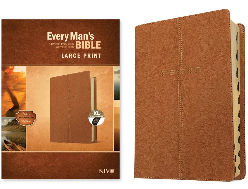 Every Man's Bible Niv, Large Print (Leatherlike, Cross Saddle Tan, Indexed) - stevensbooks