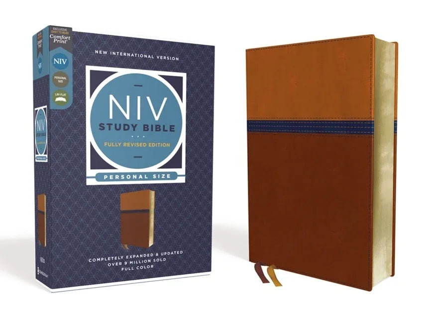 NIV Study Bible, Fully Revised Edition, Personal Size, Leathersoft, Brown/Blue, Red Letter, Comfort Print - stevensbooks