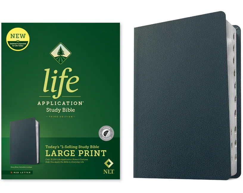 NLT Life Application Study Bible, Third Edition, Large Print (Genuine Leather, Navy Blue, Indexed, Red Letter) - stevensbooks