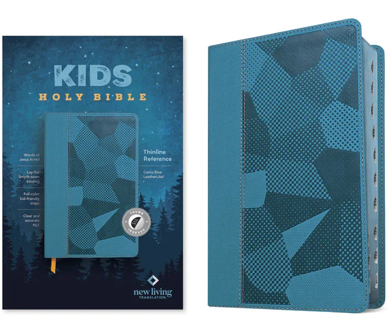 NLT Kids Bible, Thinline Reference Edition (Leatherlike, Camo Blue, Indexed, Red Letter) - stevensbooks