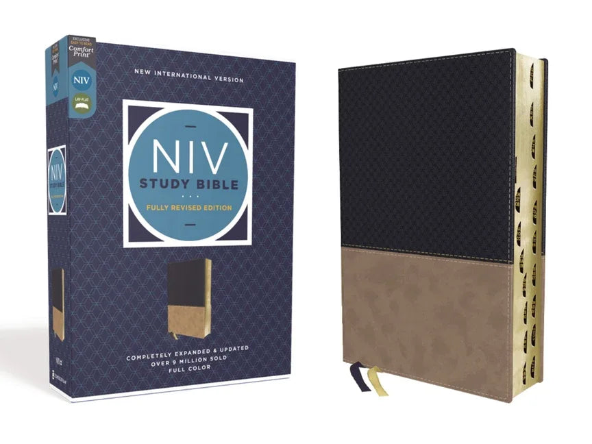NIV Study Bible, Fully Revised Edition, Leathersoft, Navy/Tan, Red Letter, Thumb Indexed, Comfort Print - stevensbooks
