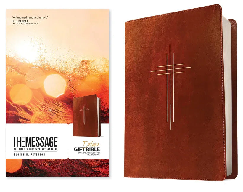 Message Deluxe Gift Bible (Leather-Look, Dark Brown Gold Cross): The Bible in Contemporary Language - stevensbooks