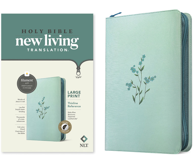 NLT Large Print Thinline Reference Zipper Bible, Filament Enabled (Leatherlike, Baby Blue Blossoms, Indexed, Red Letter) - Ingram