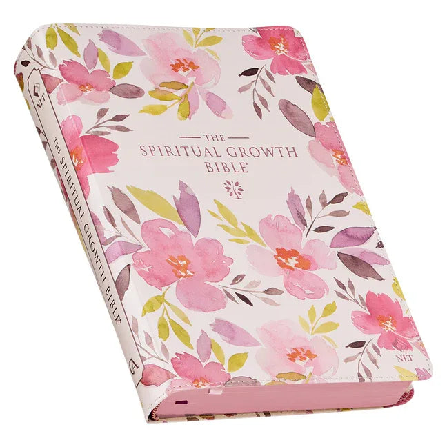 Spiritual Growth Bible, Study Bible, NLT - New Living Translation Holy Bible, Faux Leather, Pink Purple Printed Floral - stevensbooks
