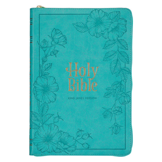 KJV Holy Bible, Thinline Large Print Faux Leather Red Letter Edition - Thumb Index & Ribbon Marker, King James Version, Teal, Zipper Closure - Ingram