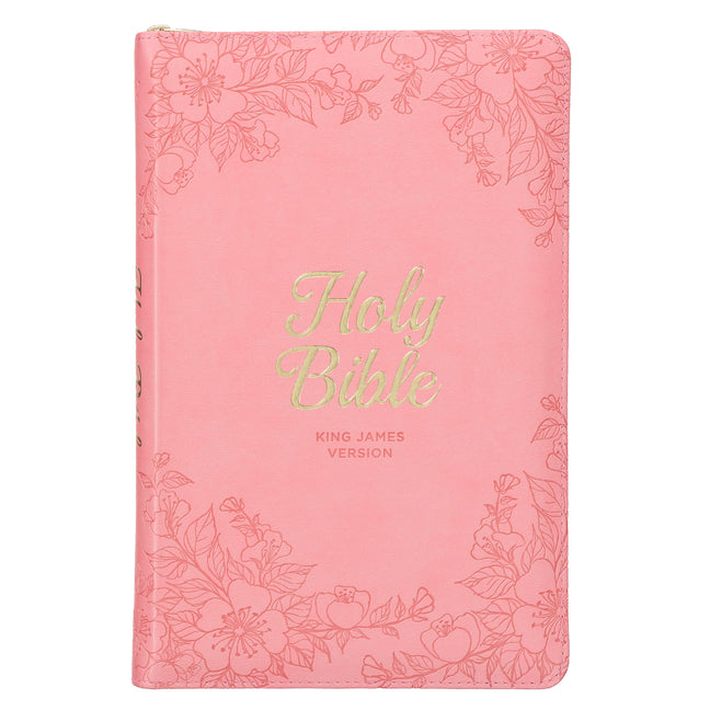 KJV Holy Bible, Standard Size Faux Leather Red Letter Edition - Thumb Index & Ribbon Marker, King James Version, Pink Floral Zipper Closure - Ingram