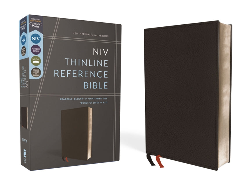 Niv, Thinline Reference Bible (Deep Study at a Portable Size), Genuine Leather, Calfskin, Black, Red Letter, Comfort Print - Ingram