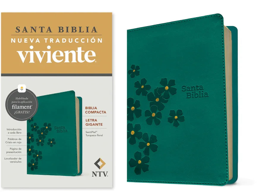 Biblia Compacta Ntv, Letra Gigante Con Filament (Sentipiel, Turquesa Floral, Letra Roja) - stevensbooks