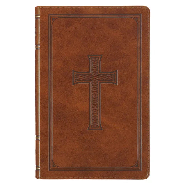 KJV Holy Bible, Standard Size Faux Leather Red Letter Edition Thumb Index, Ribbon Marker, King James Version, Honey Brown Cross Emblem - stevensbooks