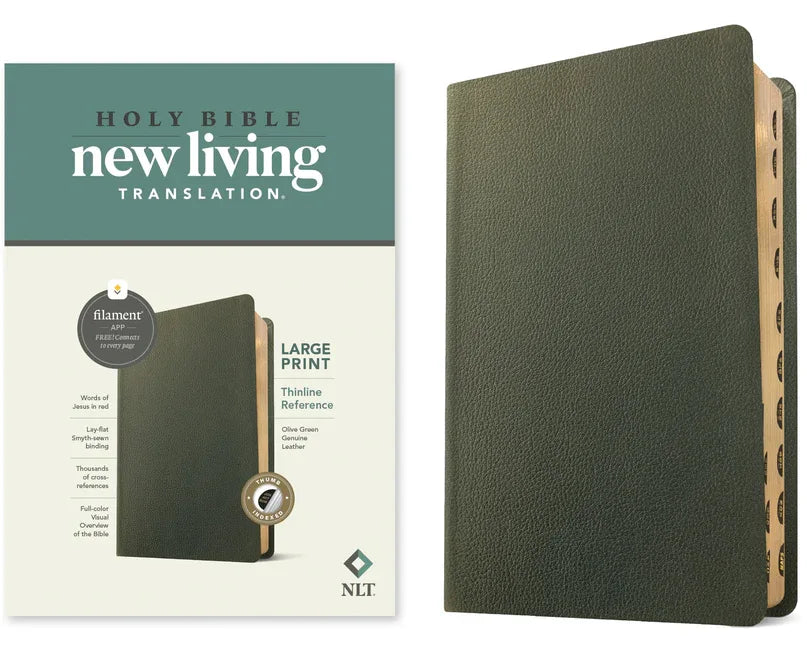 NLT Large Print Thinline Reference Bible, Filament Enabled (Genuine Leather, Olive Green, Indexed, Red Letter) - stevensbooks