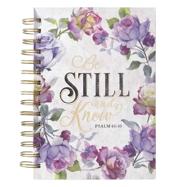 Christian Art Gifts Journal W/Scripture Be Still and Know Psalm 46:10 Bible Verse Purple Rose 192 Ruled Pages, Large Hardcover Notebook, Wire Bound - stevensbooks