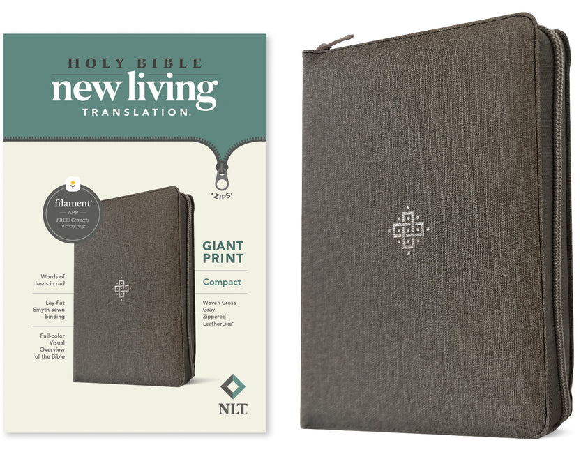 NLT Compact Giant Print Zipper Bible, Filament Enabled (Leatherlike, Woven Cross Gray, Red Letter) - Ingram