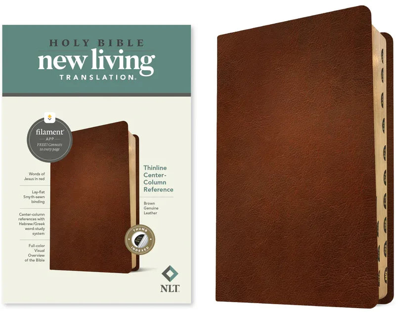 NLT Thinline Center-Column Reference Bible, Filament Enabled (Genuine Leather, Brown, Indexed, Red Letter) - stevensbooks