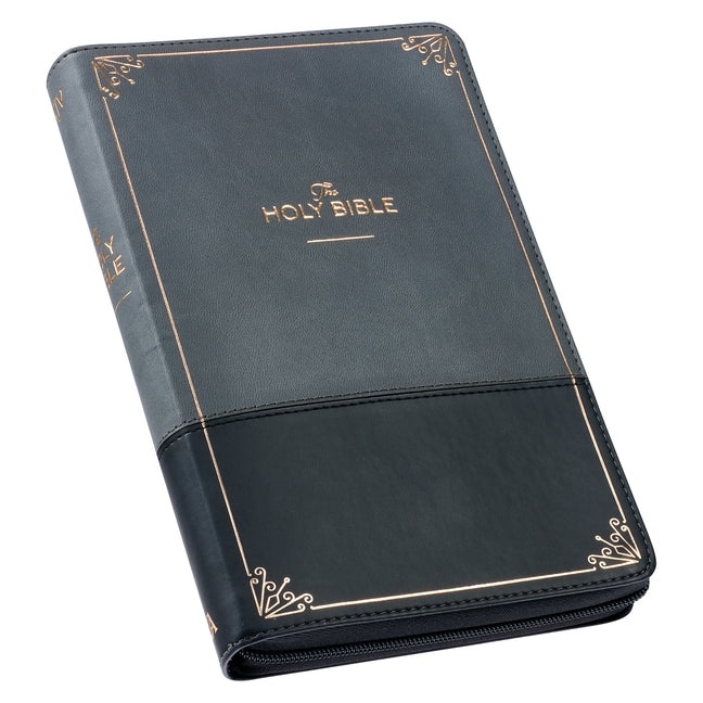 KJV Holy Bible Standard Size Faux Leather Red Letter Edition Thumb Index & Ribbon Marker, King James Version, Gray/Black, Zipper Closure - Ingram