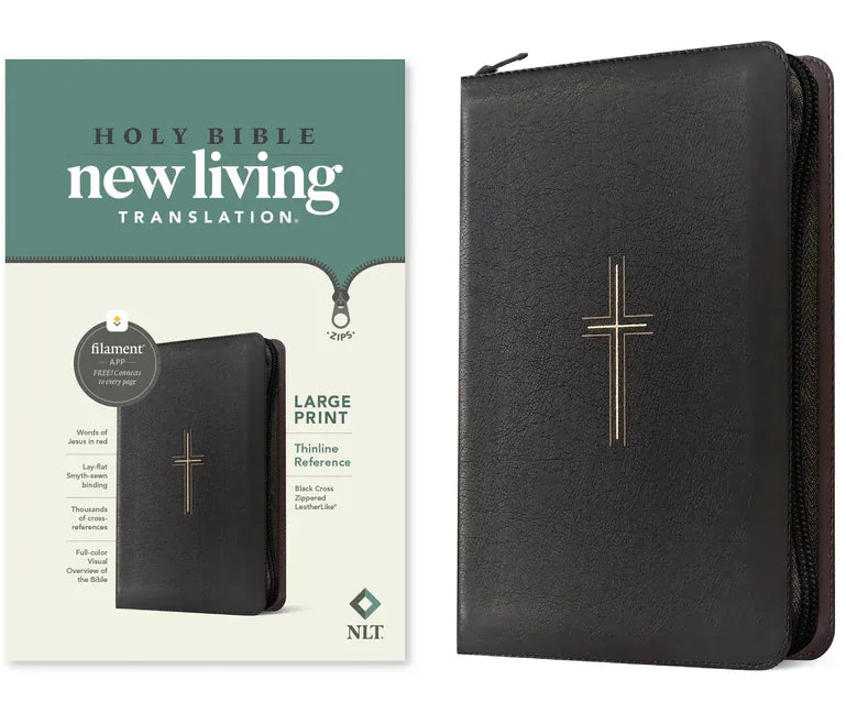 NLT Large Print Thinline Reference Zipper Bible, Filament Enabled (Leatherlike, Black Cross, Red Letter) - stevensbooks
