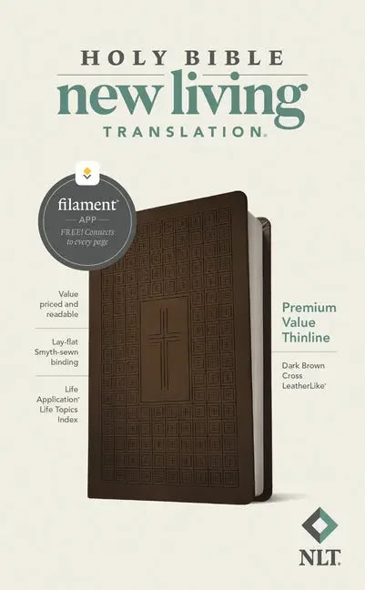NLT Premium Value Thinline Bible, Filament Enabled (Leatherlike, Dark Brown Cross) - stevensbooks