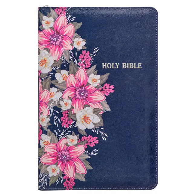 KJV Holy Bible Standard Size Faux Leather Red Letter Edition Thumb Index & Ribbon Marker, King James Version, Blue Floral, Zipper Closure - Ingram