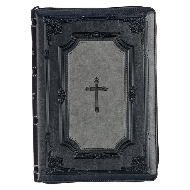 KJV Holy Bible, Super Giant Print Faux Leather Red Letter Edition - Thumb Index & Ribbon Marker, King James Version, Gray/Black - Ingram