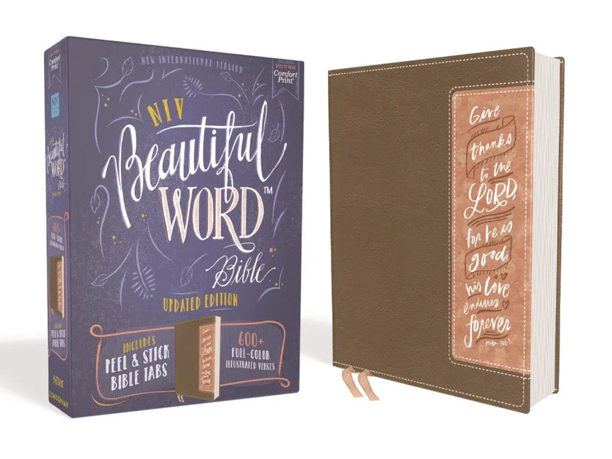 Niv, Beautiful Word Bible, Updated Edition, Peel/Stick Bible Tabs, Leathersoft, Brown/Pink, Red Letter, Comfort Print: 600+ Full-Color Illustrated Ver - stevensbooks