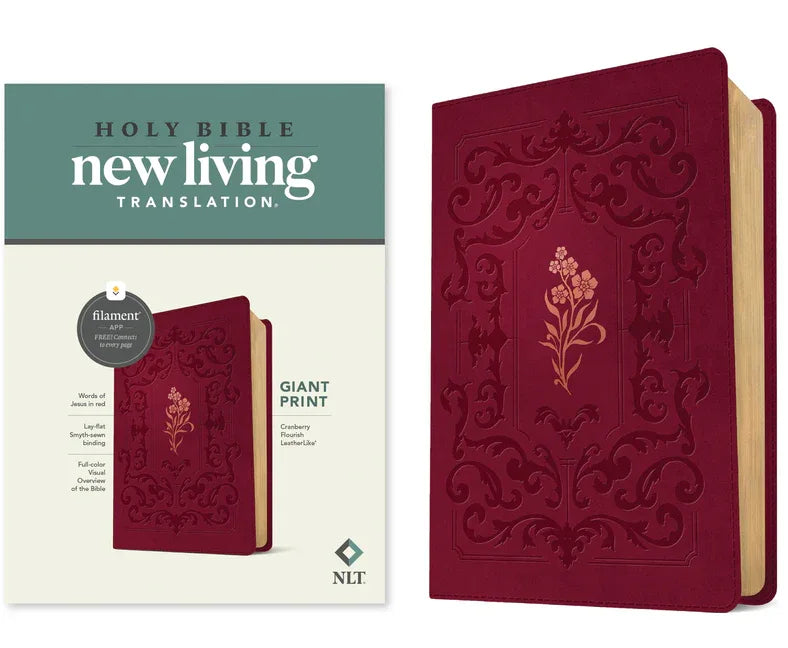 NLT Giant Print Bible, Filament Enabled (Leatherlike, Cranberry Flourish, Red Letter) - stevensbooks