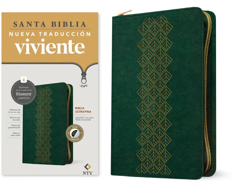 Biblia Ultrafina Ntv de Zíper, Con Filament (Sentipiel, Verde Esmeralda, Índice, Letra Roja) - stevensbooks