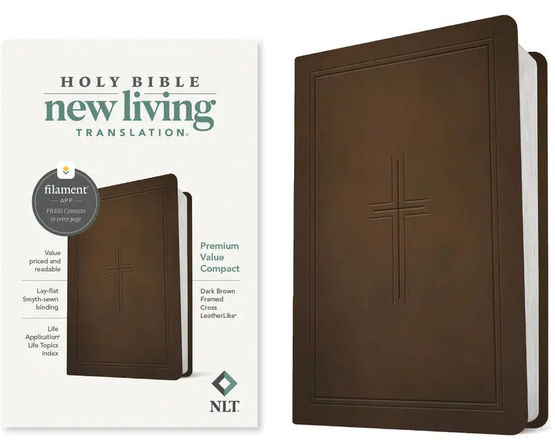 NLT Premium Value Compact Bible, Filament Enabled (Leatherlike, Dark Brown Framed Cross) - Ingram