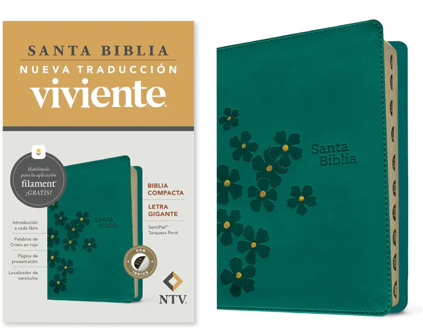 Biblia Compacta Ntv, Letra Gigante Con Filament (Sentipiel, Turquesa Floral, Índice, Letra Roja) - stevensbooks