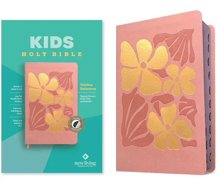 NLT Kids Bible, Thinline Reference Edition (Leatherlike, Tropical Flowers Dusty Pink, Indexed, Red Letter) - stevensbooks