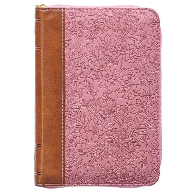 KJV Holy Bible, Mini Pocket Size, Faux Leather Red Letter Edition - Ribbon Marker, King James Version, Pink/Saddle Tan, Zipper Closure - stevensbooks