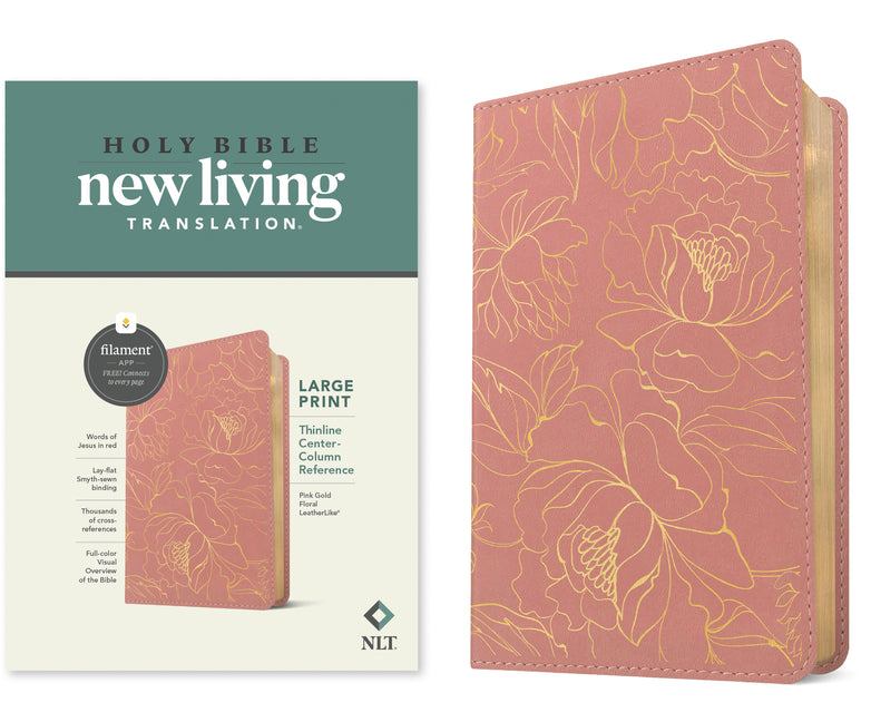 NLT Large Print Thinline Center-Column Reference Bible, Filament Enabled (Leatherlike, Pink Gold Floral, Red Letter) - Ingram