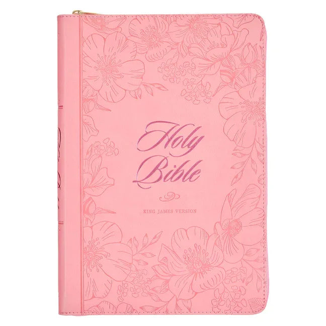 KJV Holy Bible, Thinline Large Print Faux Leather Red Letter Edition - Thumb Index & Ribbon Marker, King James Version, Pink, Zipper Closure - stevensbooks