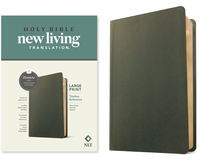 NLT Large Print Thinline Reference Bible, Filament Enabled (Genuine Leather, Olive Green, Red Letter) - Ingram